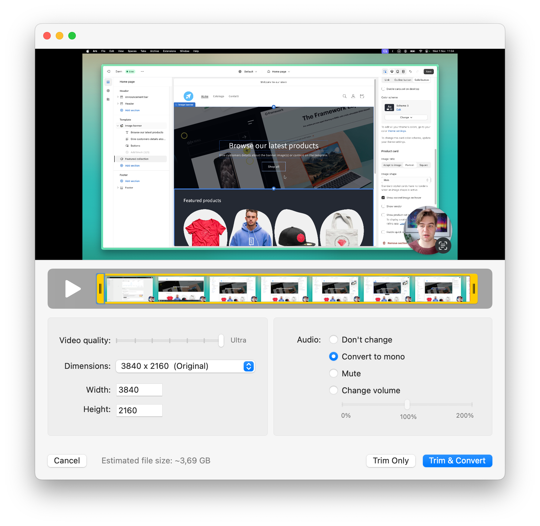 An example of exporting a video file from CleanShotX, here we convert the audio to mono but keep the video quality as it was originally shot.
